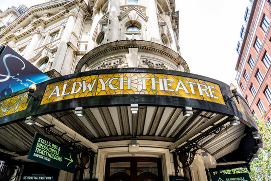 Entrance to the Aldwych Theatre, Grade II listed Edwardian Baroque playhouse designed by W.G.R. Sprague (opened 1905), 49 Aldwych, London's West End, London, UK.