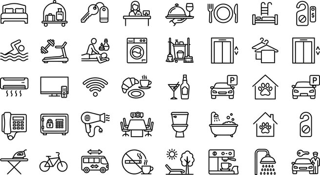 Vector line art icon set representing various hotel amenities and hospitality services with hospitality