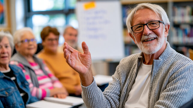 Retired English teacher in his seventies leads a senior creative writing circle at a library branch, gesturing toward a whiteboard with prompts written in marker, a half-circle of older adults with 