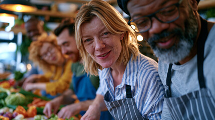Obraz premium Safe house life skills facilitator leading a small group of adult residents in a cooking class inside a nonprofit transitional housing kitchen where participants practice meal preparation techniques