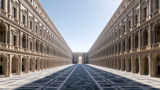 Architectural illustration of an idealized city square using one-point perspective