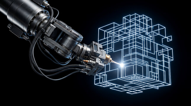 Robotic arm crafts an intricate glowing digital lattice structure using a focused laser beam, representing the cutting edge of additive manufacturing and complex computational design processes.