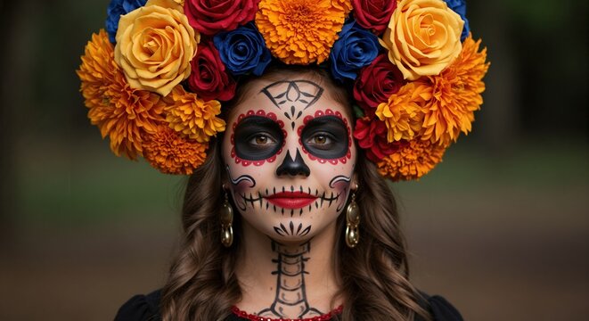 Portrait of girl with Dia de los Muertos face paint and vibrant flower crown. Traditional Mexican sugar skull makeup for Day of Dead. Cultural celebration concept