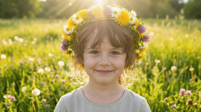 Smiling young girl wearing wildflower crown in sunny meadow. Portrait of child with dandelions and daisies. Summer childhood concept