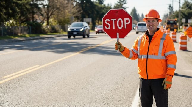Male traffic controller holding stop sign on busy road. Construction worker in safety gear managing traffic at work site. Road safety and infrastructure concept