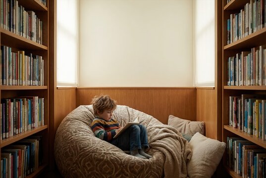 Young boy reading book in cozy library nook. Child sitting in bean bag chair surrounded by bookshelves. Education and literacy concept