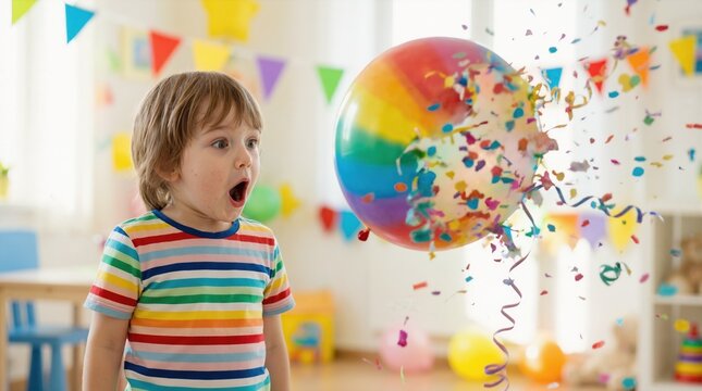 Surprised boy watching rainbow balloon burst with confetti. Child reaction to popping balloon at birthday party. Festive celebration with colorful decorations