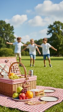 Picnic basket and fresh fruit on red checkered blanket. Vertical shot of young boys playing in sunny park. Summer family vacation concept