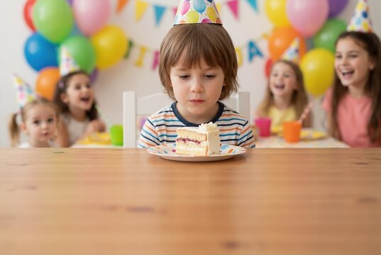 Young boy looking at slice of cake at birthday party. Child wearing party hat at festive celebration. Copy space on wooden table