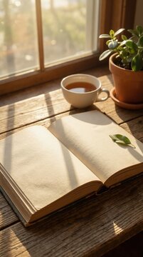 Open blank book on rustic wooden table by window. Vertical photo of notebook with sunlight and shadows. Morning reading and study concept
