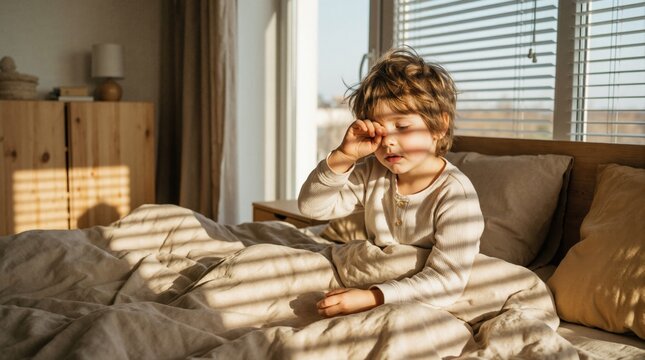 Young boy waking up in bed and rubbing his eyes. Morning sunlight through window blinds in cozy bedroom. Sleepy child in pajamas at home