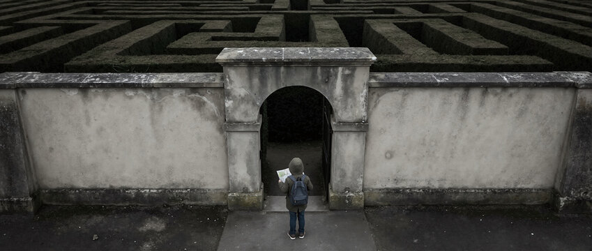 Child with map at entrance of large hedge maze. Adventure and problem solving concept. Young person standing before stone archway labyrinth