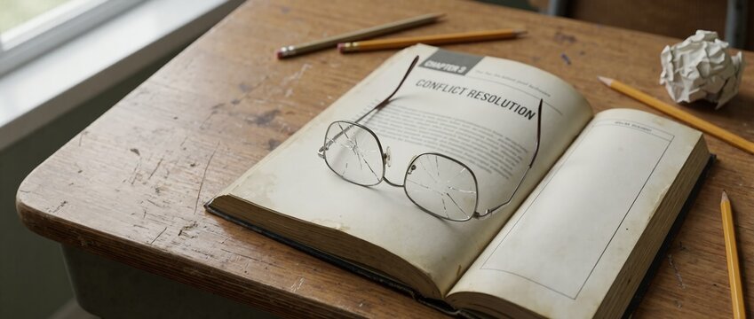 Broken glasses on open book titled conflict resolution. Pencils and crumpled paper on wooden desk. School bullying and social issues concept