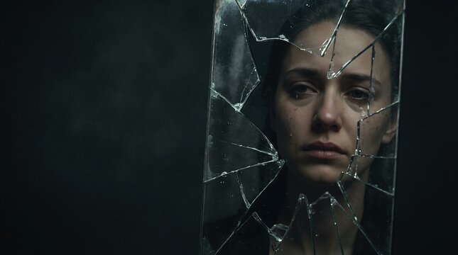 Young woman crying behind shattered glass. Sad female face with tears and broken window. Mental health and heartbreak concept