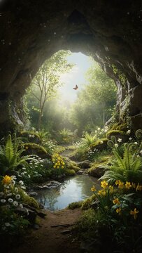 View from cave looking out into sunlit garden with pond and flowers. Vertical landscape of hidden forest paradise. Concept of hope and new beginnings