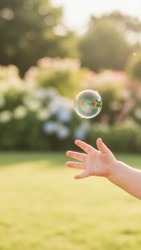 Child hand reaching for floating soap bubble in sunlit garden. Vertical close up of childhood play and curiosity. Summer outdoor activity concept