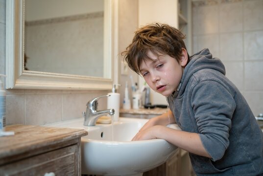Tired young boy leaning over bathroom sink in morning. Sick child with messy hair washing face. Health and hygiene concept