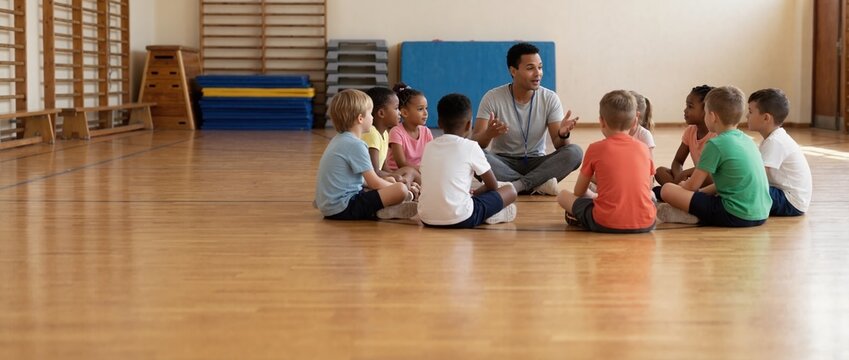 Male coach talking to group of diverse children in school gym. Physical education teacher sitting in circle with students. Teamwork and learning concept