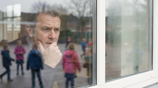 Serious man looking through window at school playground. Thoughtful male teacher or parent watching children play. Pensive man in educational environment