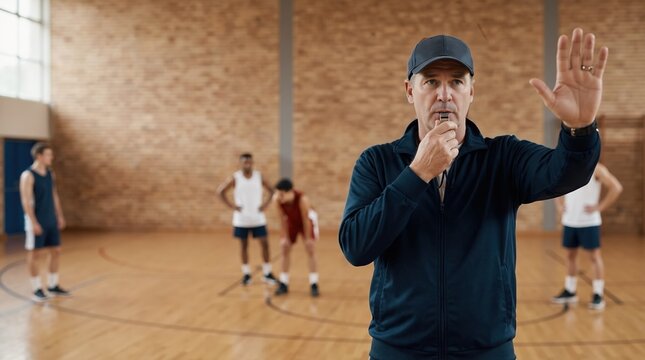Basketball coach blowing whistle and signaling stop in gym. Middle aged man in tracksuit leading team practice. Sports leadership and training concept