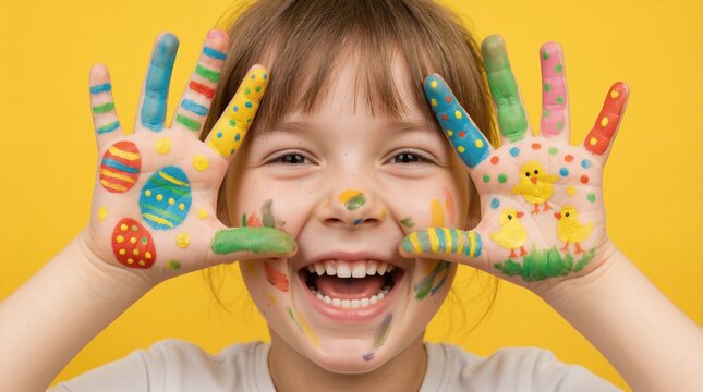 Joyful girl with painted hands for Easter. Happy child showing palms with colorful egg and chick designs. Creative art activity for kids on yellow background