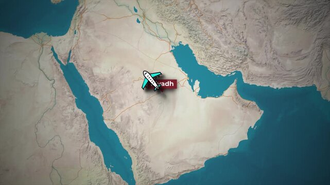 Flight Route Map Animation from Riyadh to London with Airplane Icon