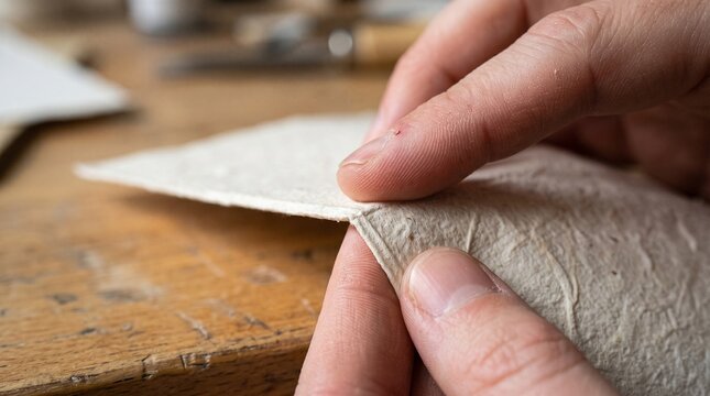 Close-up of artisan folding textured handmade paper in a rustic workshop