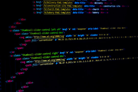 web development coding screen. Technology abstract background of coding screen for web design, software development, data analysis, data security concept.