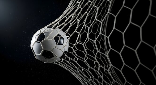 Soccer ball hitting the back of the net during a night match with football