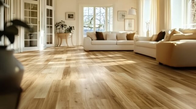 Bright living room with wooden floors and couches