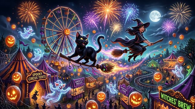 Halloween festival scene with witch flying broomstick and black cat