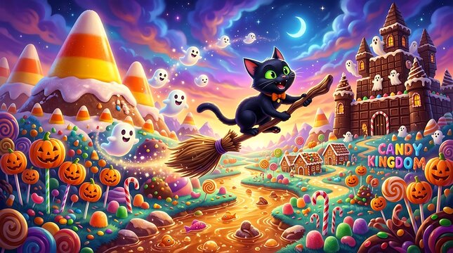 Black Cat Flying Over Colorful Halloween Candy Kingdom Landscape Scene