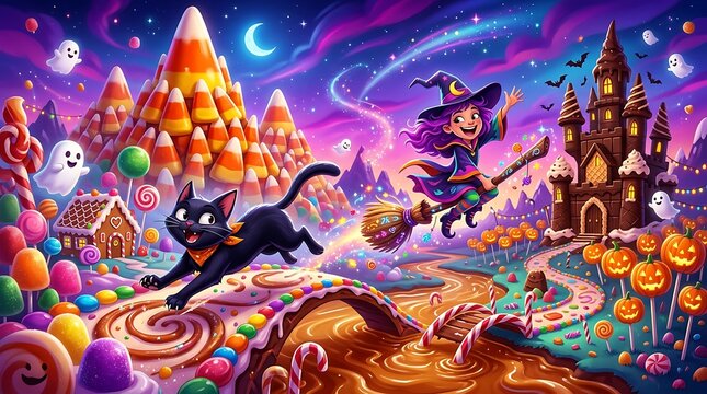 Whimsical Halloween Witch Flying Over Colorful Candy Land With Black Cat