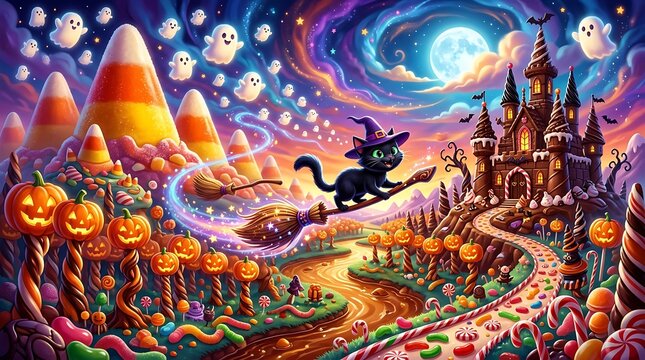 Whimsical Halloween fantasy scene with flying witch cat and magical castle
