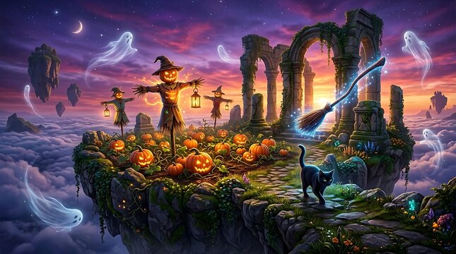 Magical Halloween Scene Featuring Scarecrow Witch And Floating Ghosts Over Clouds