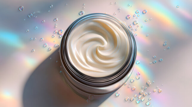 Open cream jar top view with swirled texture on pastel holographic background