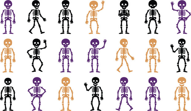 halloween flat skelton stiker colored vector set, skelton vector image , black and white silhouette clipart vector set iamge.