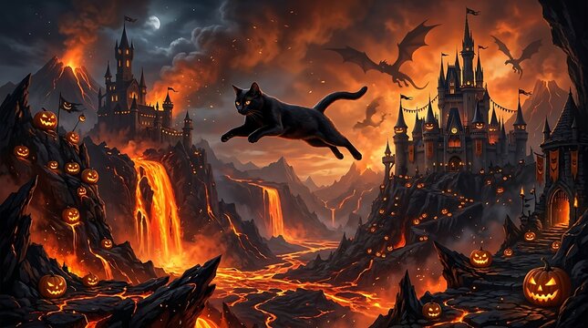 Mysterious Halloween scene featuring flying black cat and haunted castles with jack o lanterns