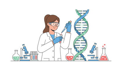 Fototapeta premium Female scientist using a pipette to add a solution into a test tube next to a giant DNA structure and lab equipment.