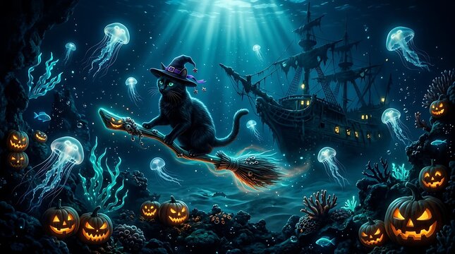 Black Cat Witch Flying Over Spooky Underwater Halloween Scene With Jellyfish