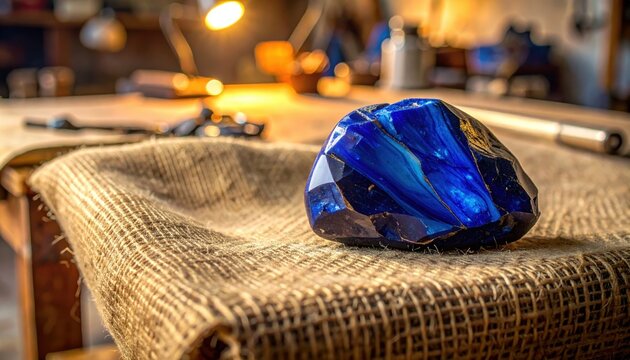 Large uncut raw sapphire gemstone with distinct blue zoning and natural cleavage planes resting on textured burlap