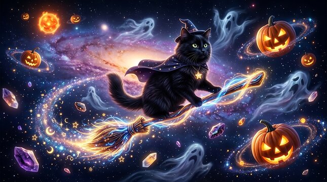 Fantasy Halloween Cat Witch Flying Through Cosmic Space With Broom