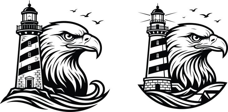 Eagle head and lighthouse monochrome emblem for nautical branding