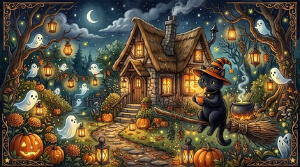 Fototapeta premium Halloween scene featuring witch cat flying over enchanted cottage with ghosts and pumpkins