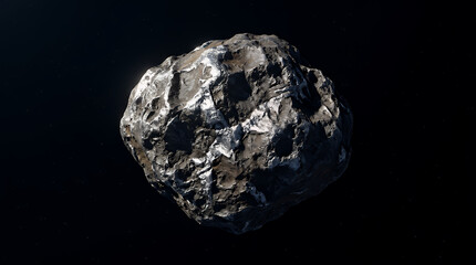 Fototapeta premium Meteorite displays a metallic and rugged exterior while drifting through the silent expanse of space as a primitive fragment of a planetary body from the early history of our solar system.