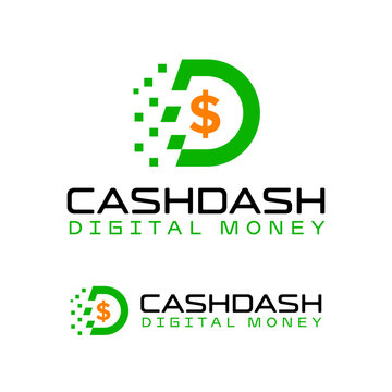Cash dash logo combining green, digital letter d, orange dollar sign for financial brand design. Suitable for finance apps, websites, presentations.