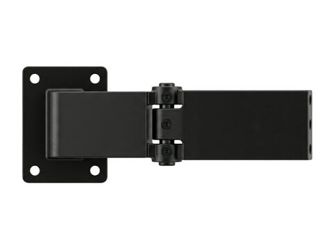 Black rectangular clamp mounted on metal bracket with visible hinge mechanism.