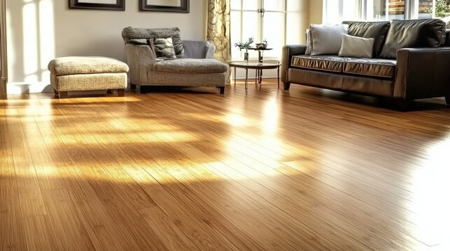 Living room with leather sofa and ottoman on wood floor