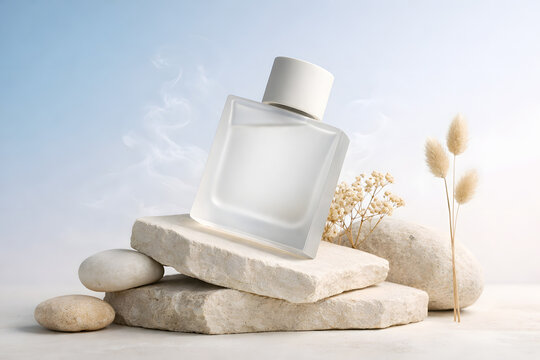 Frosted glass perfume bottle mockup on stone podium with dried grass