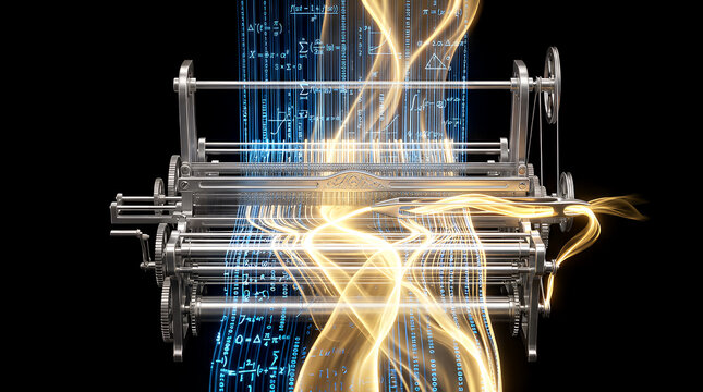 Weaving loom synthesizes flowing streams of mathematical equations and golden light filaments to illustrate the sophisticated intersection of traditional industrial craftsmanship and digital.